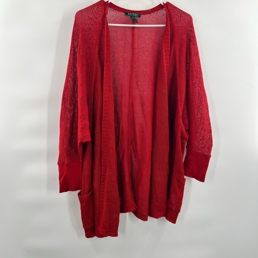 Lauren Ralph Lauren red knit sweater open front cardigan linen blend XL